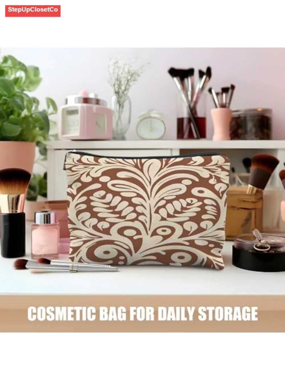 Boho Floral Canvas Makeup Bag Travel Toiletry Pouch Linen Zipper Organizer for